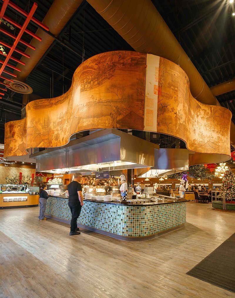 Vibrant interior of Wok of Fame, Brampton buffet restaurant.